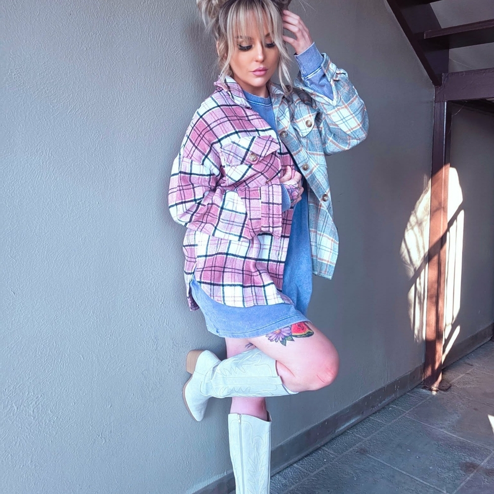Pink And Gray Color Block Plaid Shacket - Picture 5 of 8